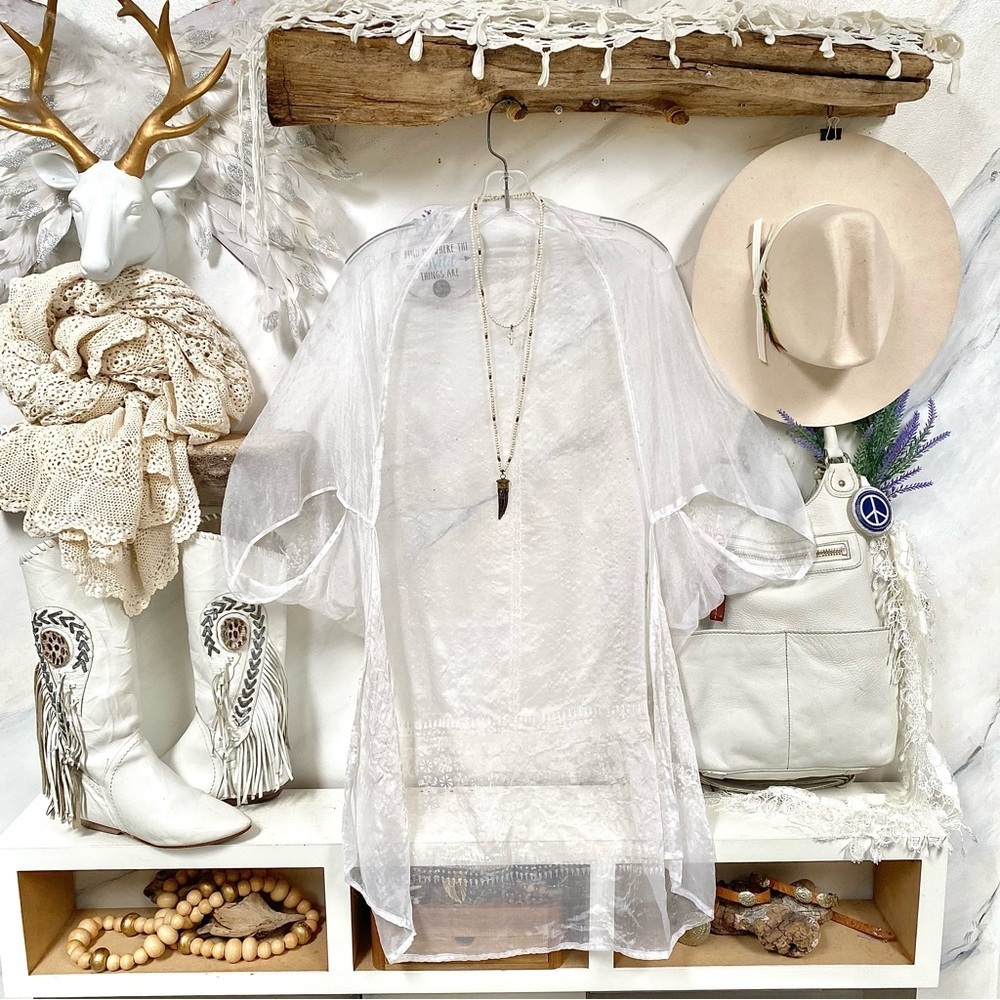 White SILK Gypsy cocoon boho kimono/cover up shrug w resort vacay beach vibe